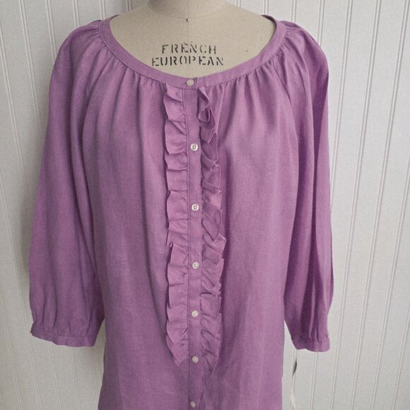 Lauren Ralph Lauren Women's Blouse 100% Linen Button Down Ruffle Front Size 1X - Picture 4 of 9